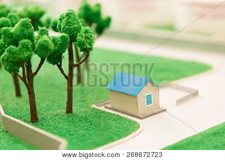 Model House Green Tree Blue Roof Green Grass