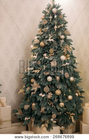 Christmas Tree In Hoese. Present In Holliday Time