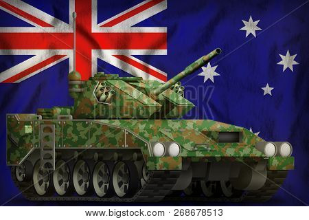 Light Tank Apc With Summer Camouflage On The Australia Flag Background. 3d Illustration