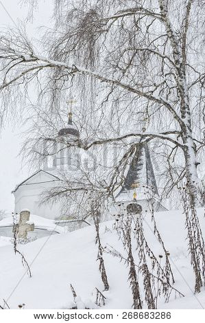 Winter Landscape With The Church Of The Resurrection Of Christ And A Birch In The Foreground In Snow