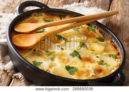 Janssonin Kiusaus Baked Potato With Anchovy Fillets, Onions And Heavy Cream Close-up In A Frying Pan