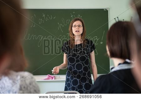 St. Petersburg, Russia - June 10, 2018: Lomonosov State University. A Foreign Language Teacher Talks