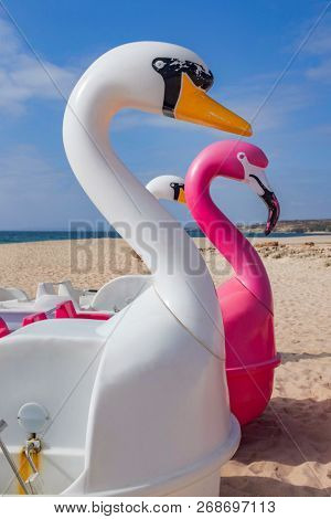 Detail of pedal boats with the shape of a swan parked in a beach