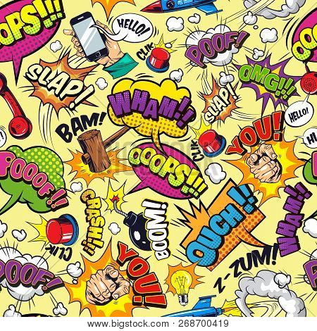 Comic Elements Seamless Pattern With Colorful Wordings Speech Bubbles Clouds Sound Effects Phone Ala