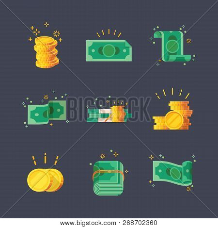 Set Of Isolated Dollar Banknotes And Glowing Golden Coins, Money. Simple Paper And Metal Cash Icons 