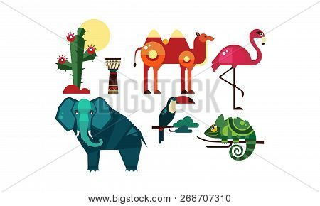 Wild African Animals Set, Cactus, Elements Of Nature And Culture Of Africa, Camel, Tribal Drum, Flam