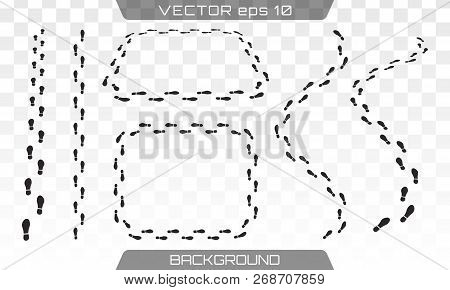 Shoe And Bare Foot Print. Shoes Imprints Set. Foot Trail.footprint And Human Step, Footwear And Trac