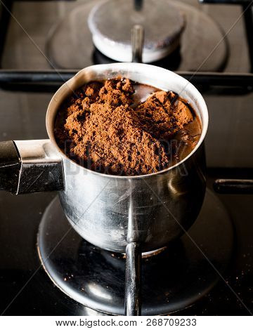 Cooking Turkish Coffee In The Kitchen. Traditional Beverage.