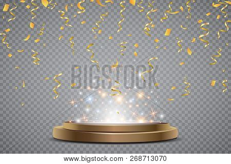 Colorful Bright Confetti And Round Podium Isolated On Transparent Background. Festive Vector Illustr