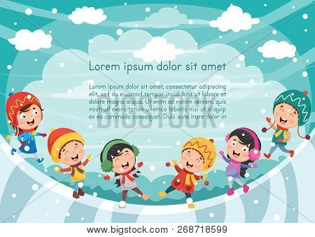 Vector Illustration Of Winter Scene And Funny Kids