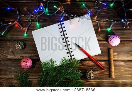 Template Letters With New Year And Christmas Greetings Or A List Of Gifts. Opened Notebook Is Locate