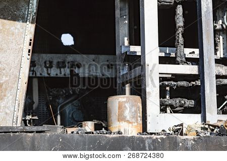 Damaged Supermarket Boiler Room With Ventilation, Turbine, After Arson Fire With Burn Black Dark Deb