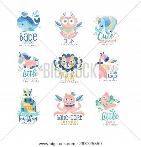 Kids Club And Toyshop Logo Design Set, Emblems With Cute Animals Can Be Used For Baby Shop, Educatio