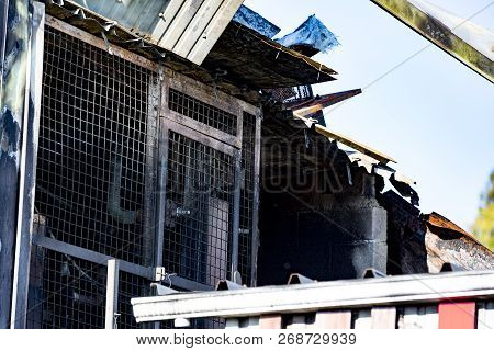 Damaged Supermarket Boiler Room With Ventilation, Turbine, After Arson Fire With Burn Black Dark Deb