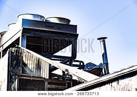 Damaged Supermarket Boiler Room With Ventilation, Turbine, After Arson Fire With Burn Black Dark Deb