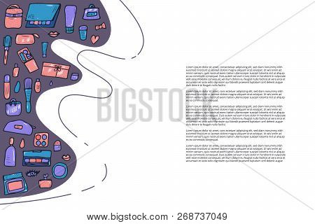 Vector Background With Beauty Items. Set Of Doodle Style Cosmetic Tools. Makeup Collection Banners T