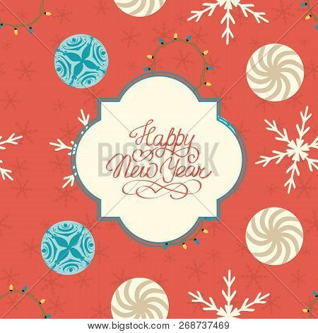 Merry Christmas Seamless Pattern With Text In Elegant Frame Garland Ornate Baubles And Snowflake Vec