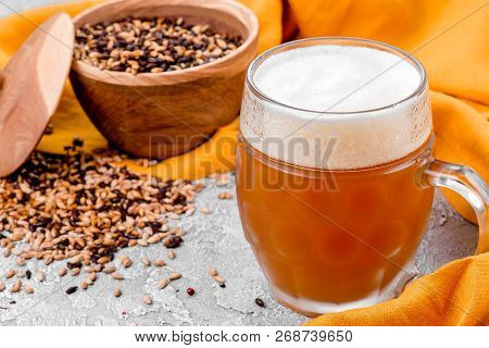 Malt grain and a glass of beer. Mixed varieties of malted grain on a gray background. close-up. top view. flat lay. series of photos. space