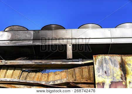 Damaged Supermarket Boiler Room With Ventilation, Turbine, After Arson Fire With Burn Black Dark Deb