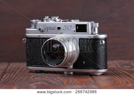 Moscow, Russia, April 18, 2017. The Old Soviet Rangefinder Camera Zorki-3c, Released1956.