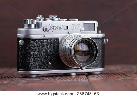 Moscow, Russia, April 18, 2017. The Old Soviet Rangefinder Camera Zorki-3c, Released1956.