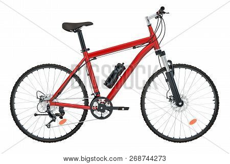 Red Bicycle Side View, 3d Rendering Isolated On White Background