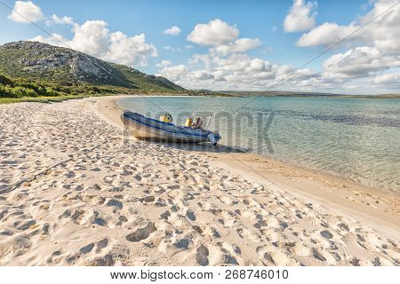 West Coast National Park, South Africa, August 20, 2018: A Speedboat At A Beach In Kraalbaai In The 