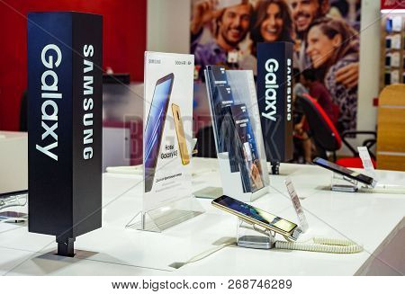 Minsk, Belarus, September 1, 2018: Showcase Samsung Galaxy With A Branded Store.