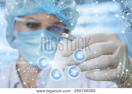 A Doctor Is Looking At The Capsul With Some Medicine Inside In Her Hand Surrounded By Icons With Mad