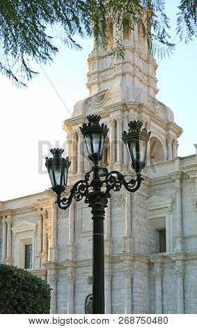 Black Gorgeous Street Lamps Against White Basilica Cathedral Of Arequipa, Arequipa, Peru