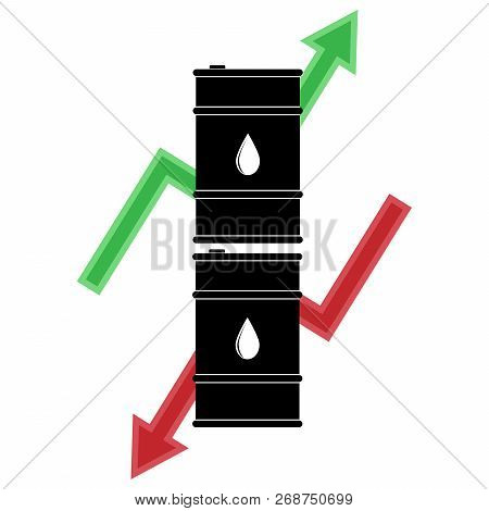 Oil Barrel Icon. Vector Illustration Black Oil Barrel Drums With Labels. Fall Of The Oil Red Arrow D