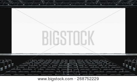 Cinema Hall With Auditorium Watching Movie On Blank Screen Mockup
