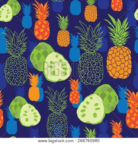 Pineapple And Anona-fruit Delight. Seamless Repeat Pattern Illustration.background In Blue, Orange, 