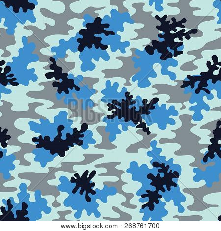 Blue Camo Vector Seamless Pattern. Fashion Marine, Blue, Grey And Dark Blue Camouflage Background. G