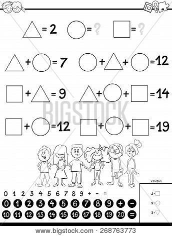 Black And White Cartoon Illustration Of Educational Mathematical Calculation With Unknown Puzzle Gam