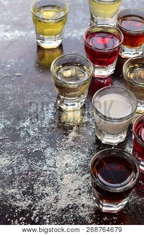 Alcohol Drinks. Set Of Wine, Brandy, Liqueur, Tincture, Cognac, Whiskey In Glass, Bottles. Large Var