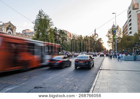 Santiago, Chile - March 27, 2015: Traffic On Avenida Libertador Bernardo Ohiggins Avenue In Santiago