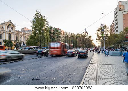 Santiago, Chile - March 27, 2015: Traffic On Avenida Libertador Bernardo Ohiggins Avenue In Santiago