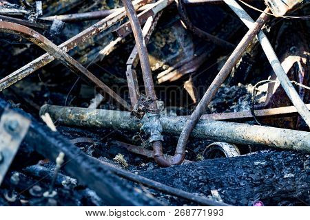 Damaged Supermarket Sprinkler Fire Protection System Equipment After Arson Fire With Burn Black Dark