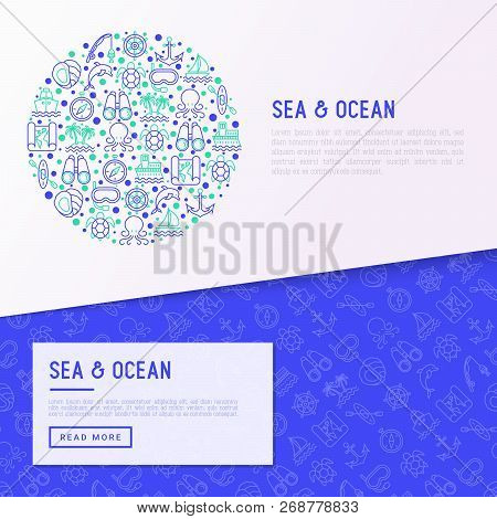 Sea And Ocean Journey Concept In Circle With Thin Line Icons: Sailboat, Fishing, Ship, Oysters, Anch