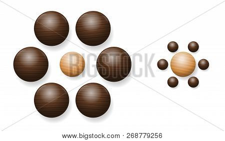 Ebbinghaus Illusion With Wooden Balls. Optical Illusion Of Relative Size Perception. The Two Balls I