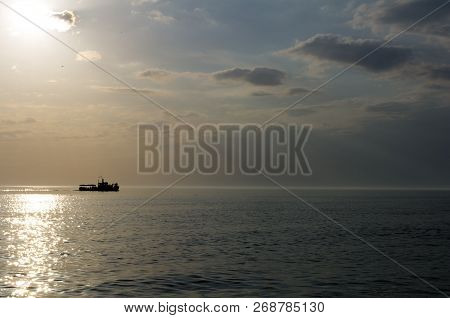 Local  Ferry Boat Swim In Sea And Sunrise