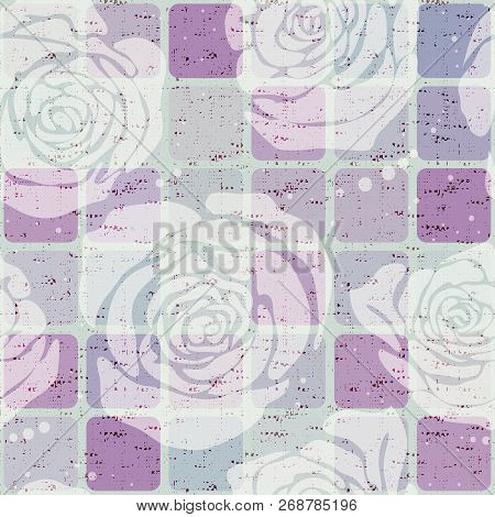 Colorful Seamless Pattern With Ornament And Squares. Vector Geometrical Wallpaper With Roses