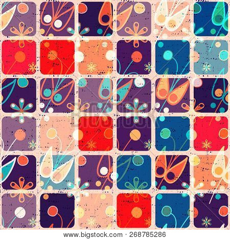 Colorful Seamless Pattern With Ornament And Squares. Vector Geometrical Wallpaper. Squares Mozaic Wa