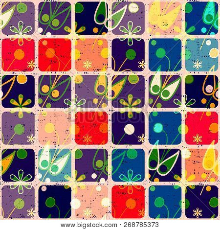 Colorful Seamless Pattern With Ornament And Squares. Vector Geometrical Wallpaper. Squares Mozaic Wa