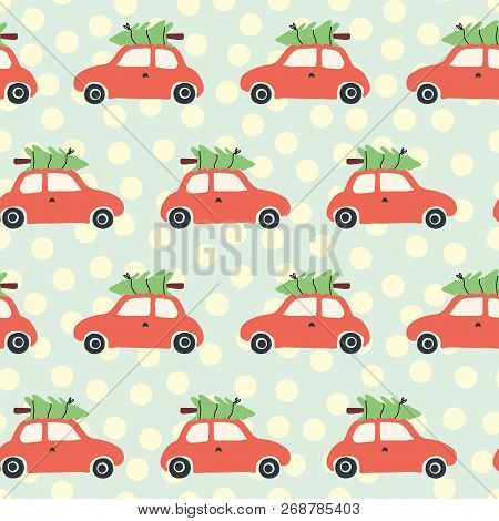 Vector Seamless Pattern With Red Car And Christmas Tree On The Roof. Vintage Christmas Background Wi
