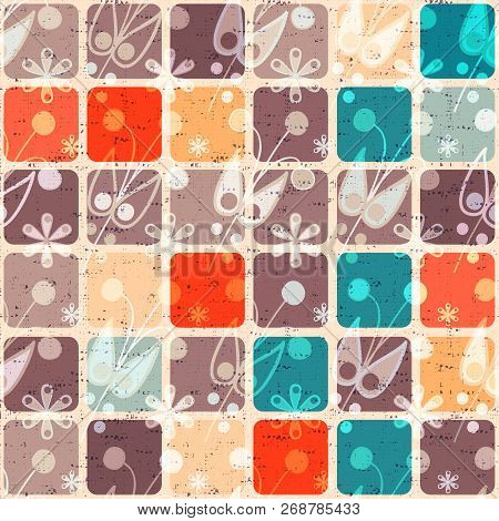 Colorful Seamless Pattern With Ornament And Squares. Vector Geometrical Wallpaper. Squares Mozaic Wa