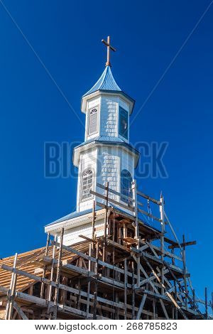 Nuestra Senora De Los Dolores Church Under Reconstruction In Dalcahue, Chiloe Island, Chile