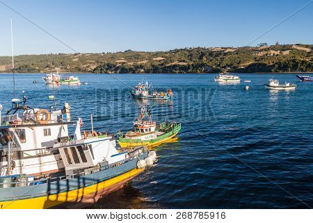 Dalcahue, Chile - March 21, 2015: Fishing Boats In Dalcahue Village, Chiloe Island Chile
