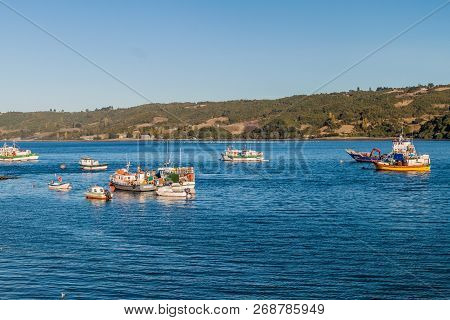 Dalcahue, Chile - March 21, 2015: Fishing Boats In Dalcahue Village, Chiloe Island Chile